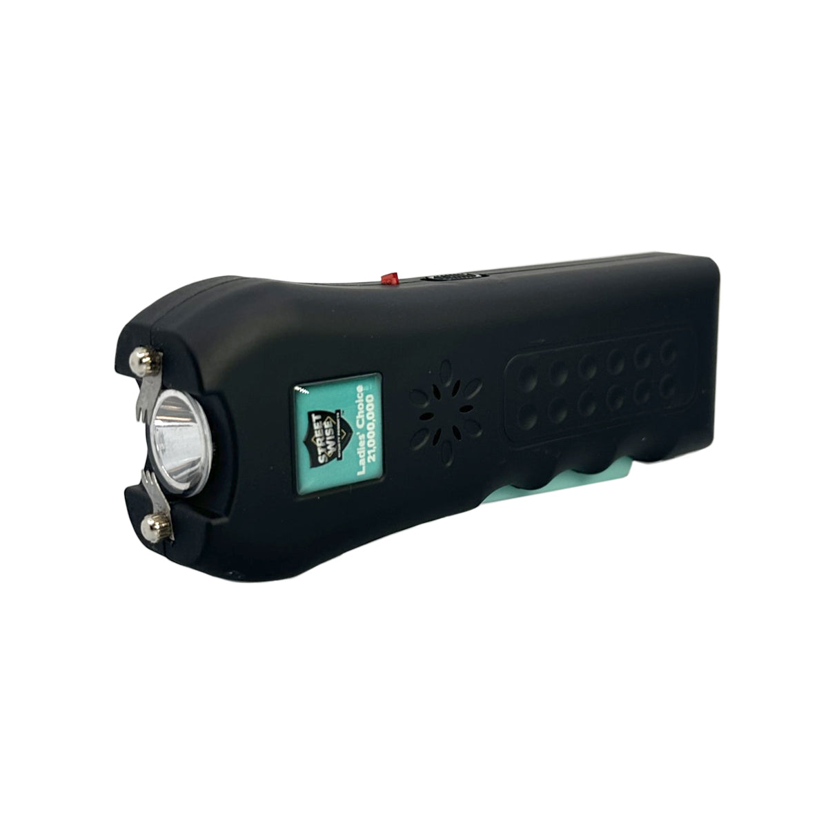 Ladies Choice 21,000,000 Stun Gun - compact and stylish self-defense device designed specifically for women, combining high voltage power with a bright flashlight, in white background.