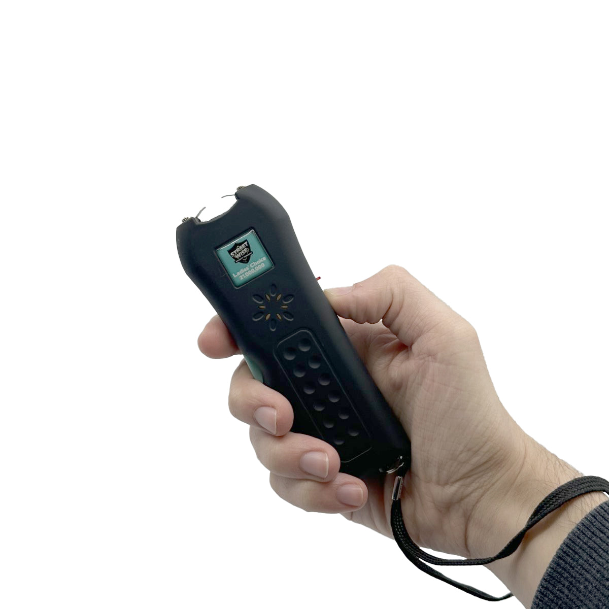 Someone holding Ladies Choice 21,000,000 Stun Gun - compact and stylish self-defense device designed specifically for women, combining high voltage power with a bright flashlight, in white background.