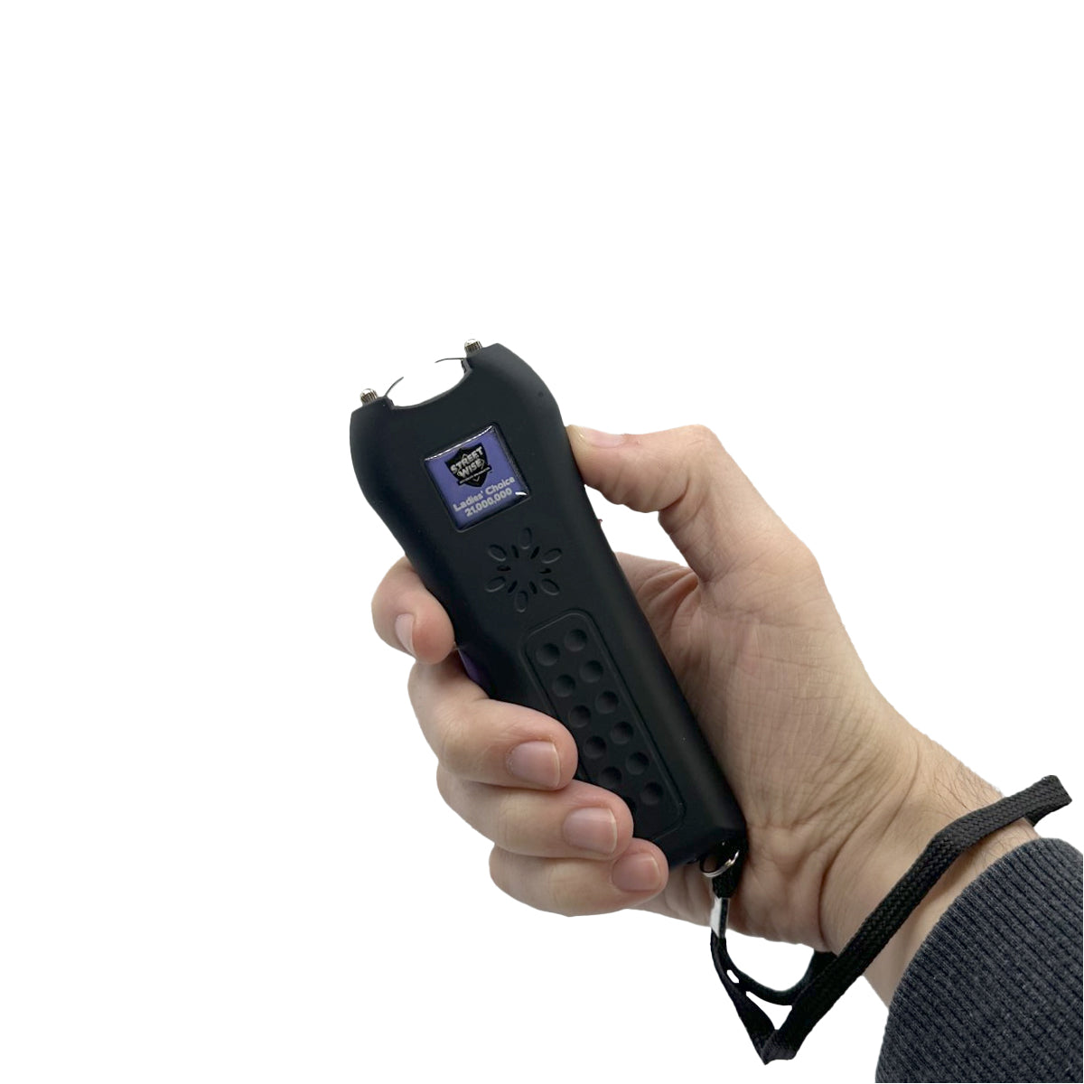 Someone holding Ladies Choice 21,000,000 Stun Gun - compact and stylish self-defense device designed specifically for women, combining high voltage power with a bright flashlight, in white background.