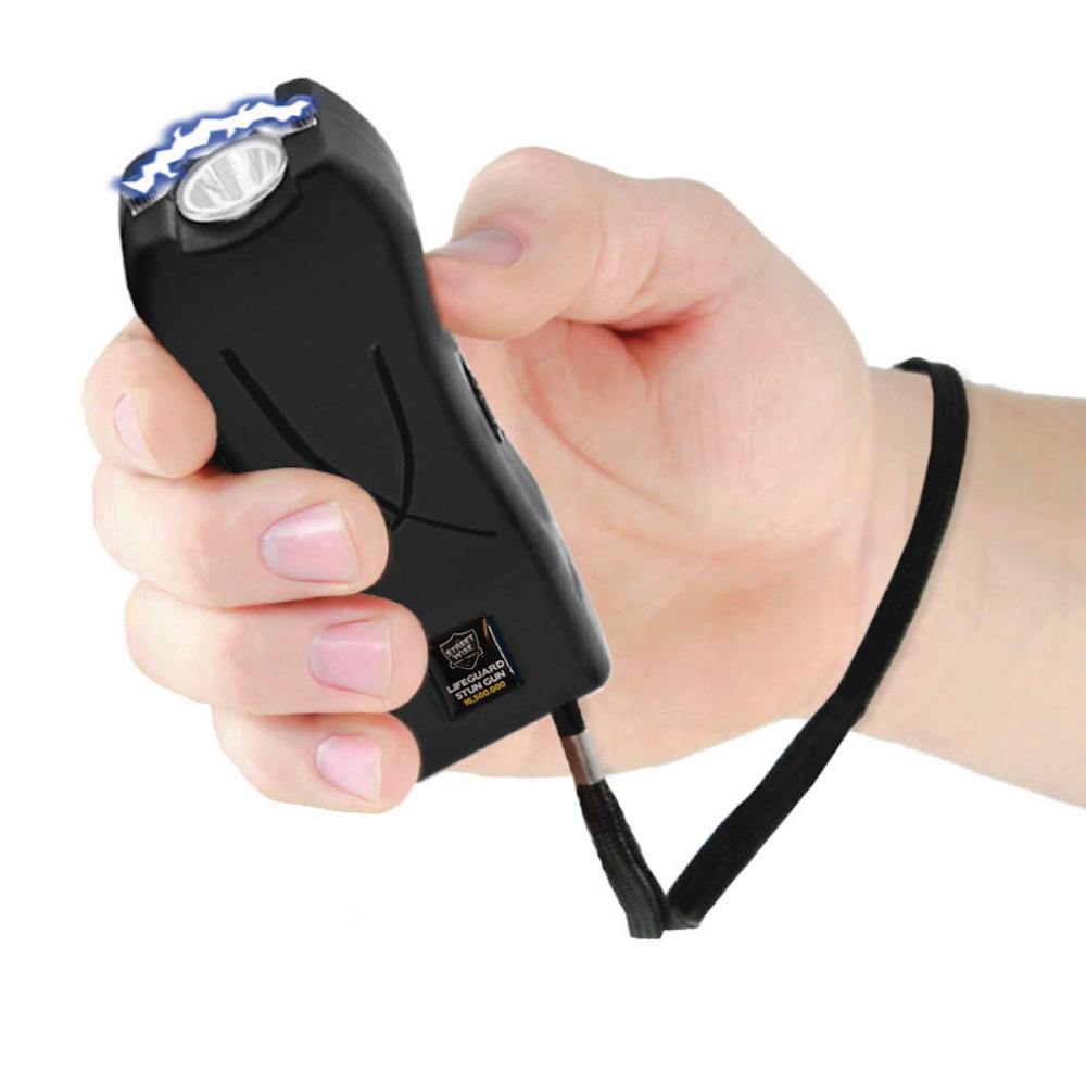 Someone holding Life Guard 16,500,000 Stun Gun – compact and powerful self-defense device designed for ease of use and reliable protection in critical situations, in white background.
