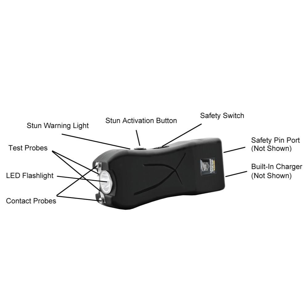 Features of Life Guard 16,500,000 Stun Gun – compact and powerful self-defense device designed for ease of use and reliable protection in critical situations, in white background.