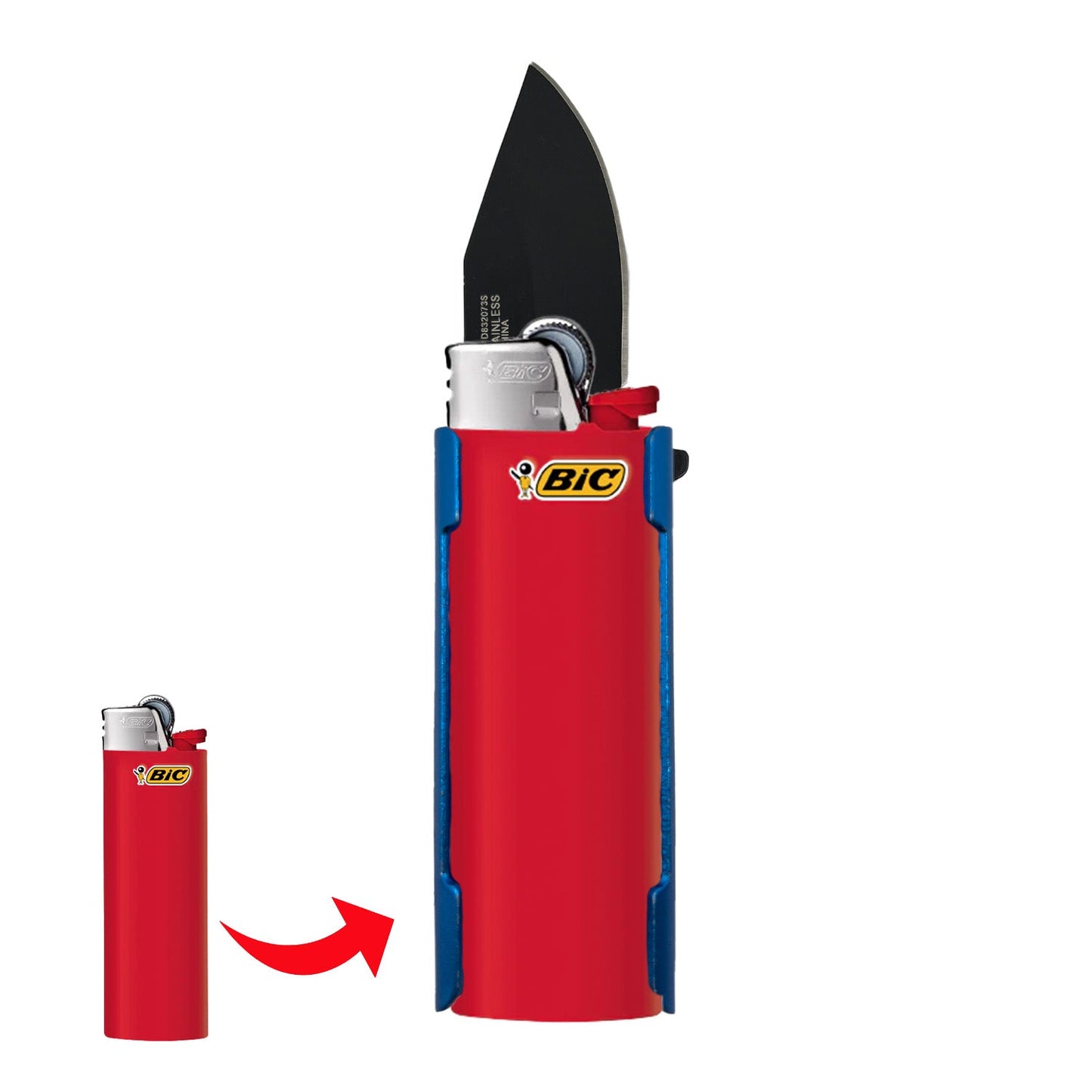 Lighter Holder Spring-Assisted Pocket Knife – compact tool combining a lighter holder and a spring-assisted folding knife with liner-lock and pocket clip, ideal for everyday carry, in white background.