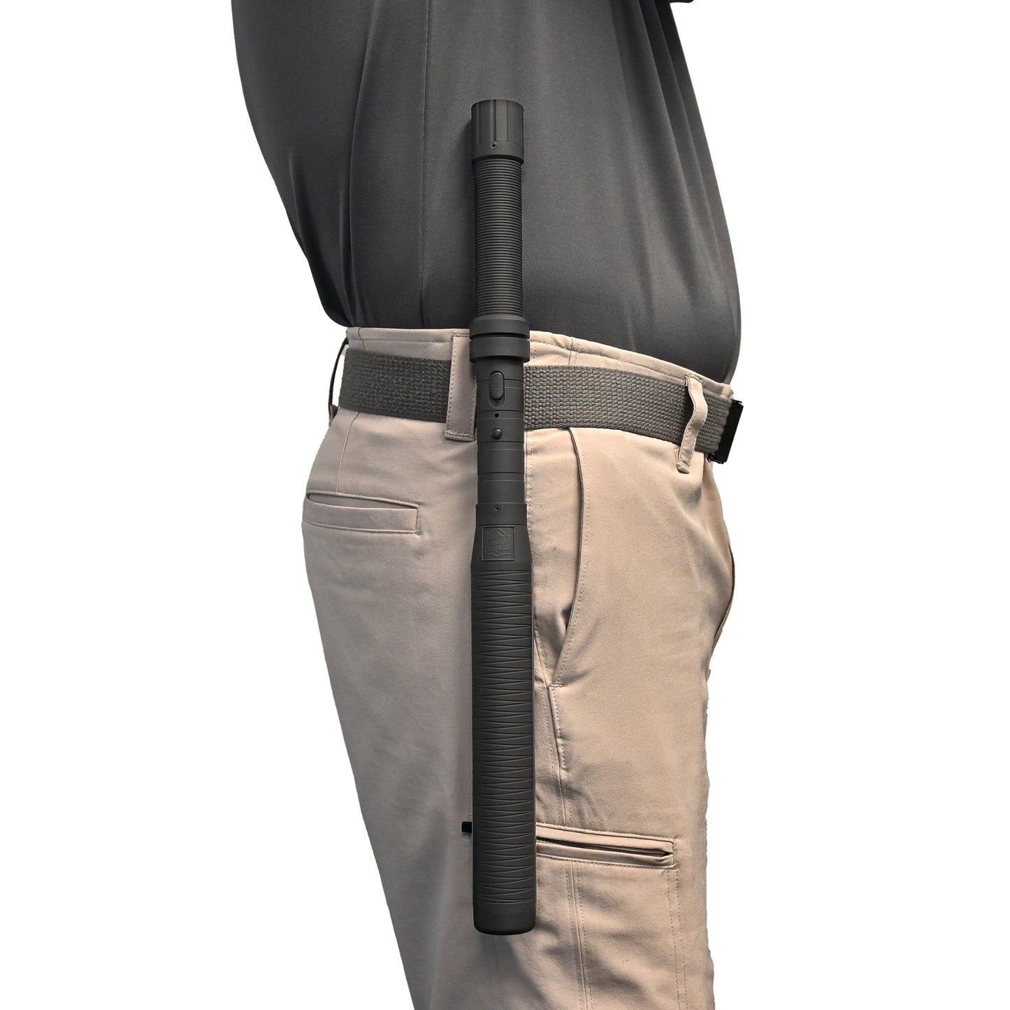 Someone carrying Lightning Rod 7,000,000 Stun Baton - a high-voltage self-defense baton with a long reach and built-in safety features for personal protection, in white background.