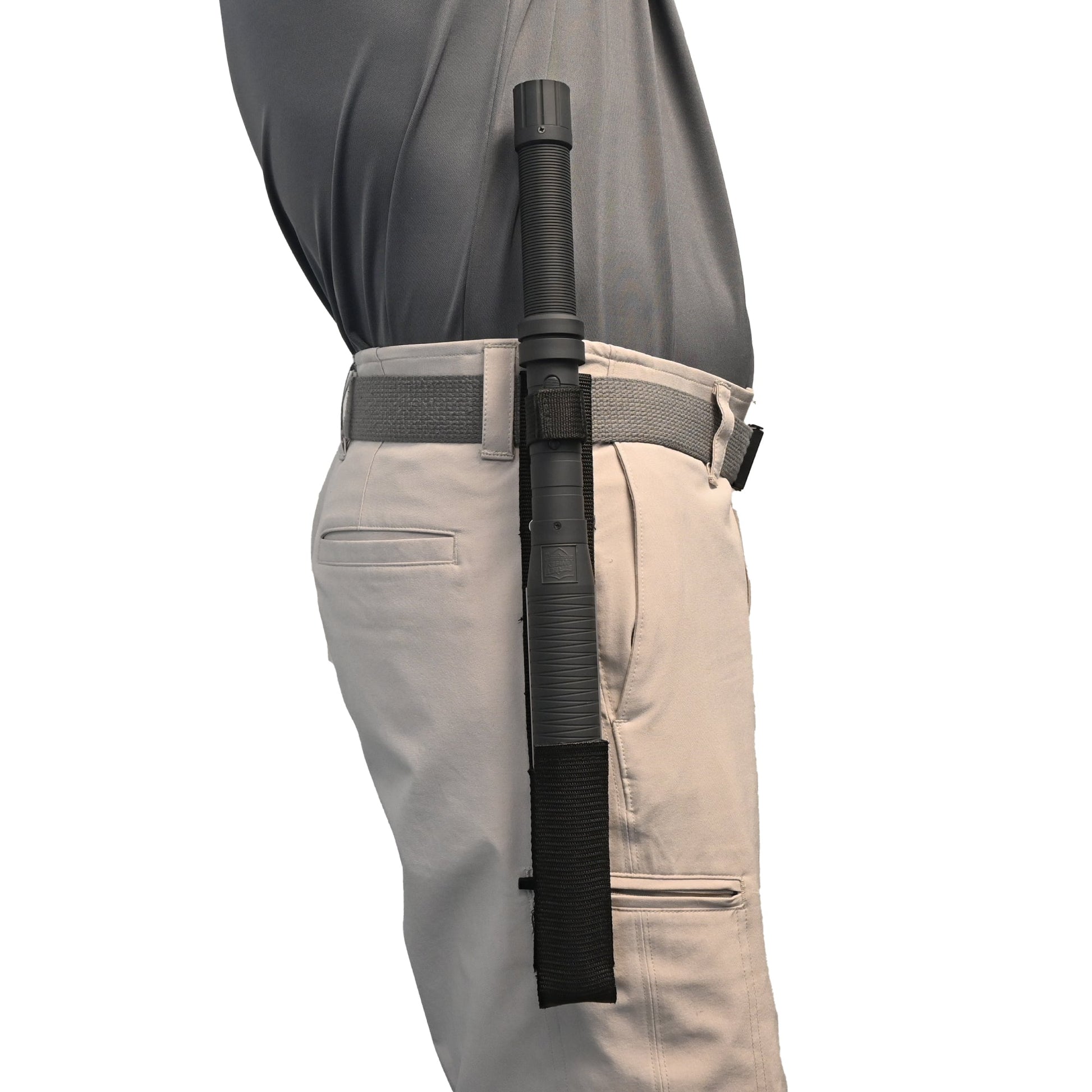 Someone carrying Lightning Rod 7,000,000 Stun Baton - a high-voltage self-defense baton with a long reach and built-in safety features for personal protection, in white background.