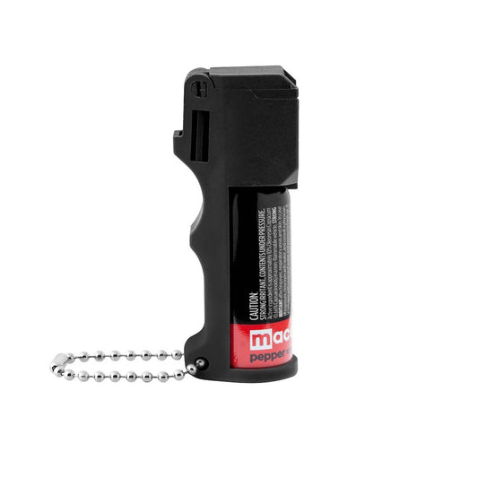 Mace Pocket Model Stream Pepper Spray – compact self-defense spray with a focused stream pattern delivering up to 10 ft of range, flip-top safety cap, finger-grip design, and UV dye for attacker identification, in white background.