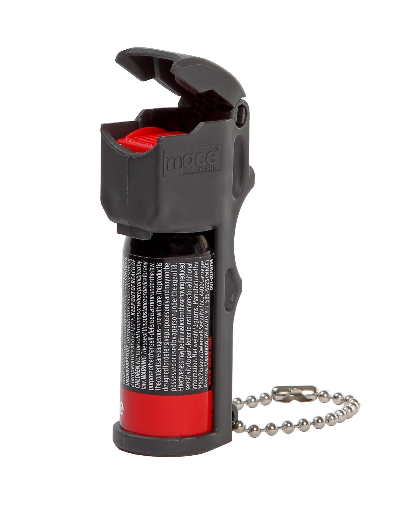 Mace Pocket Model Stream Pepper Spray – compact self-defense spray with a focused stream pattern delivering up to 10 ft of range, flip-top safety cap, finger-grip design, and UV dye for attacker identification, in white background.