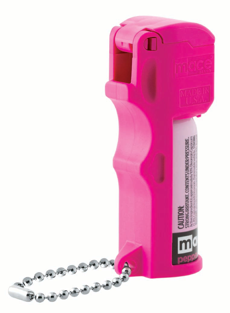 Mace Pocket Model Stream Pepper Spray – compact self-defense spray with a focused stream pattern delivering up to 10 ft of range, flip-top safety cap, finger-grip design, and UV dye for attacker identification, in white background.