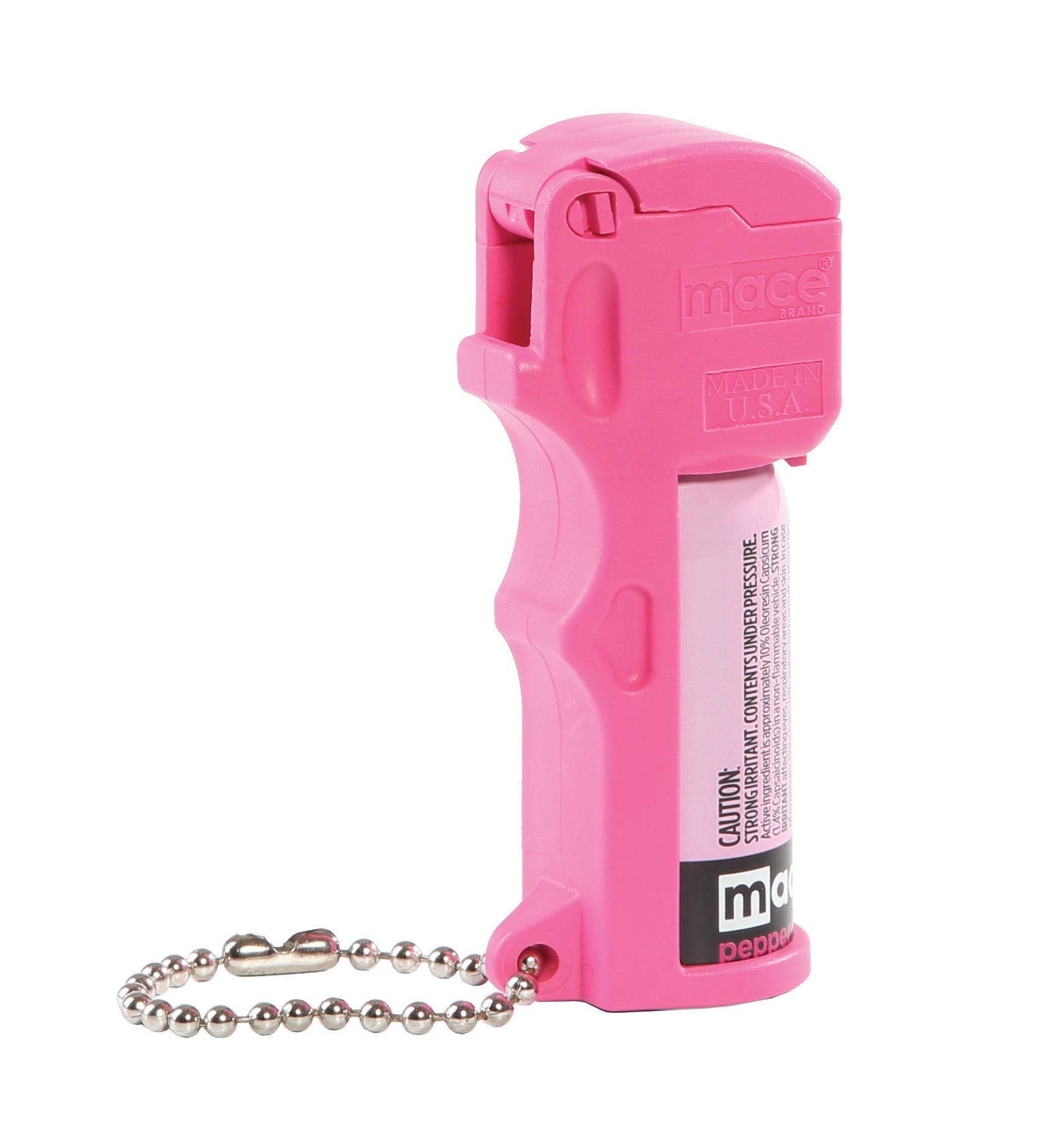 Mace Pocket Model Stream Pepper Spray – compact self-defense spray with a focused stream pattern delivering up to 10 ft of range, flip-top safety cap, finger-grip design, and UV dye for attacker identification, in white background.