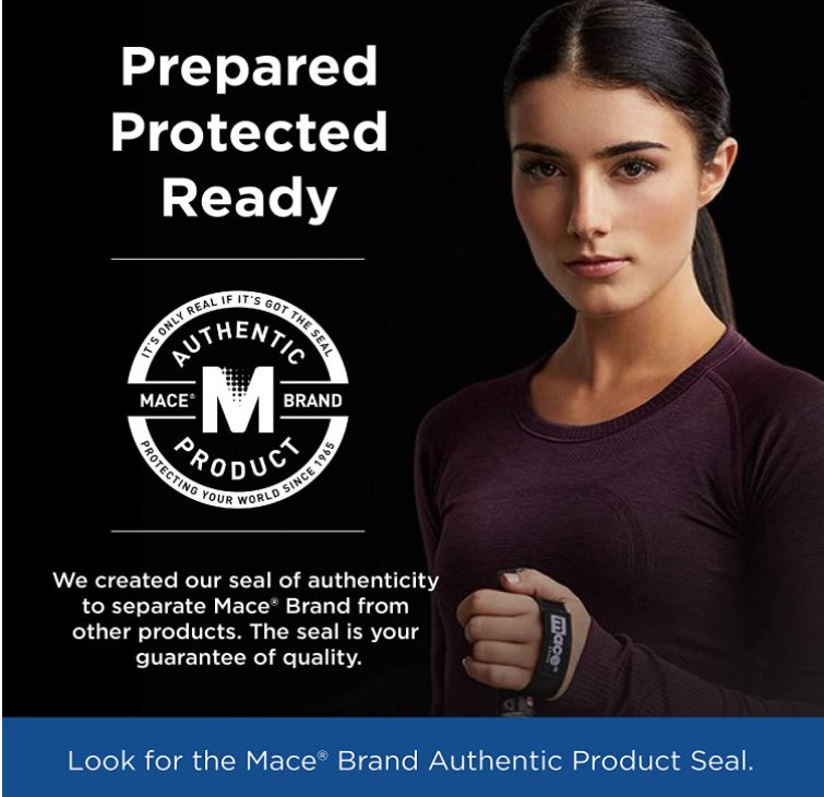 Authenticity seal for Mace Pocket Model Stream Pepper Spray – compact self-defense spray with a focused stream pattern delivering up to 10 ft of range, flip-top safety cap, finger-grip design, and UV dye for attacker identification