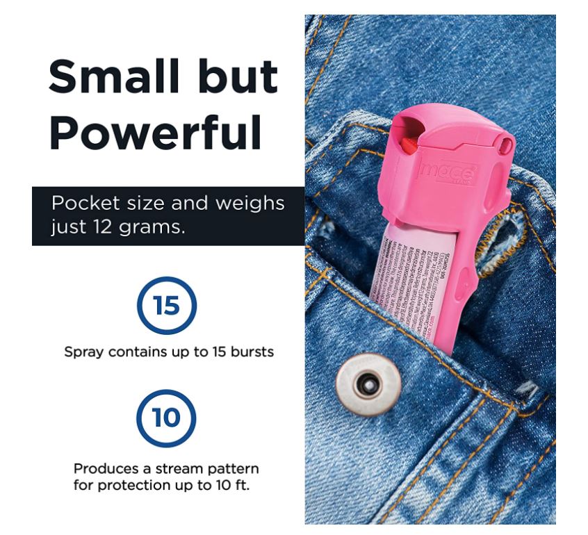 Someone carrying Mace Pocket Model Stream Pepper Spray – compact self-defense spray with a focused stream pattern delivering up to 10 ft of range, flip-top safety cap, finger-grip design, and UV dye for attacker identification, in jean pocket.