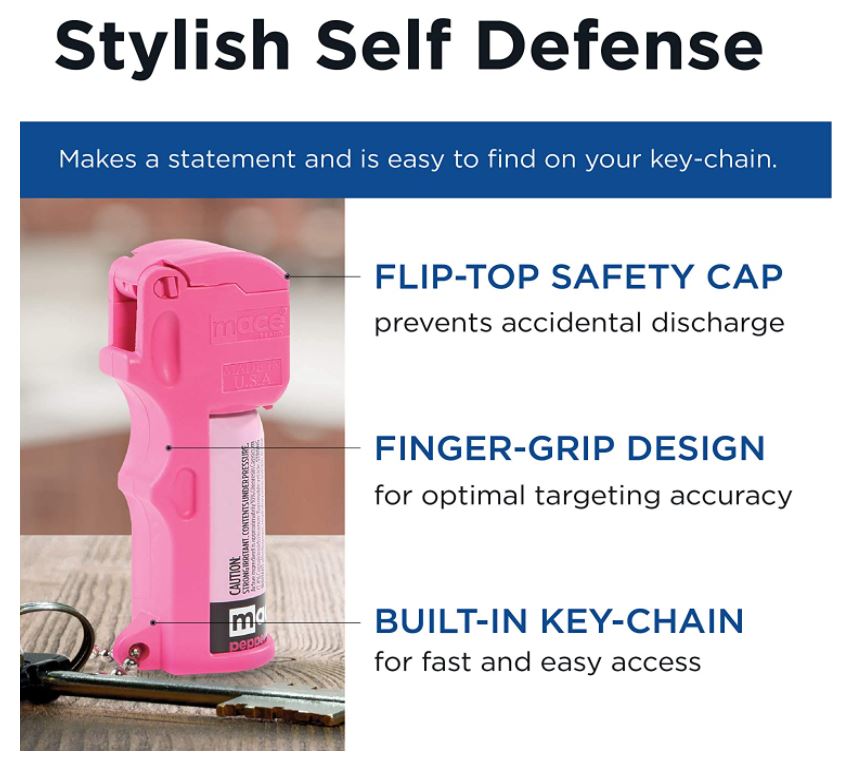 Features of Mace Pocket Model Stream Pepper Spray – compact self-defense spray with a focused stream pattern delivering up to 10 ft of range, flip-top safety cap, finger-grip design, and UV dye for attacker identification.