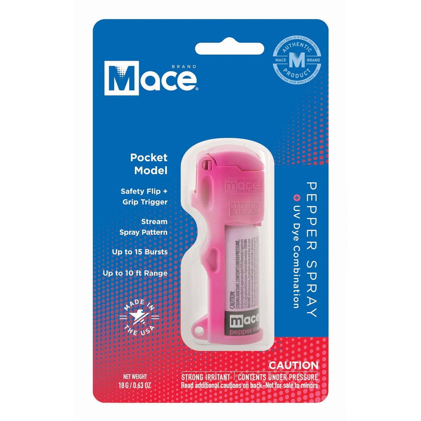 Package for Mace Pocket Model Stream Pepper Spray – compact self-defense spray with a focused stream pattern delivering up to 10 ft of range, flip-top safety cap, finger-grip design, and UV dye for attacker identification, in white background.