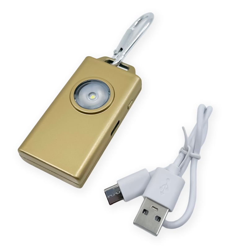 Micro Guard™ Plus Personal Alarm with COB LED Flashlight – compact personal safety device combining a 130 dB alarm and a COB LED floodlight, featuring a keychain loop and USB‑C rechargeable battery for everyday carry, in white background.