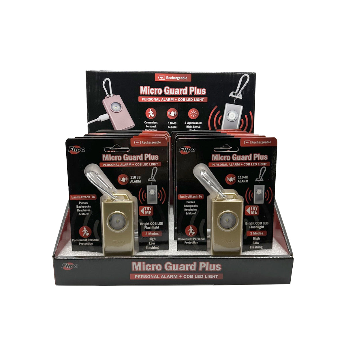 Multiple packages of Micro Guard™ Plus Personal Alarm with COB LED Flashlight – compact personal safety device combining a 130 dB alarm and a COB LED floodlight, featuring a keychain loop and USB‑C rechargeable battery for everyday carry, in display box, in white background.