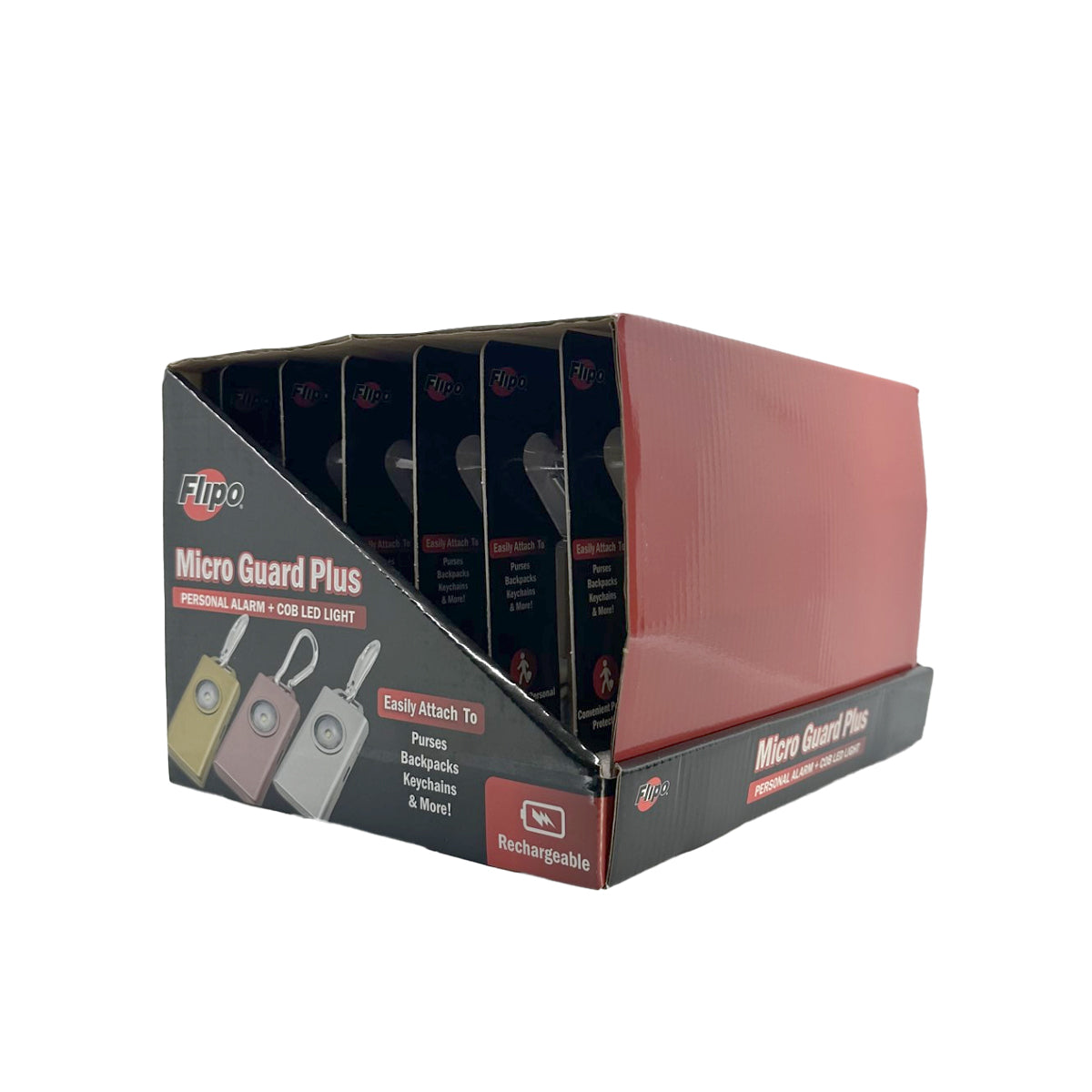 Display box for Micro Guard™ Plus Personal Alarm with COB LED Flashlight – compact personal safety device combining a 130 dB alarm and a COB LED floodlight, featuring a keychain loop and USB‑C rechargeable battery for everyday carry, in white background.