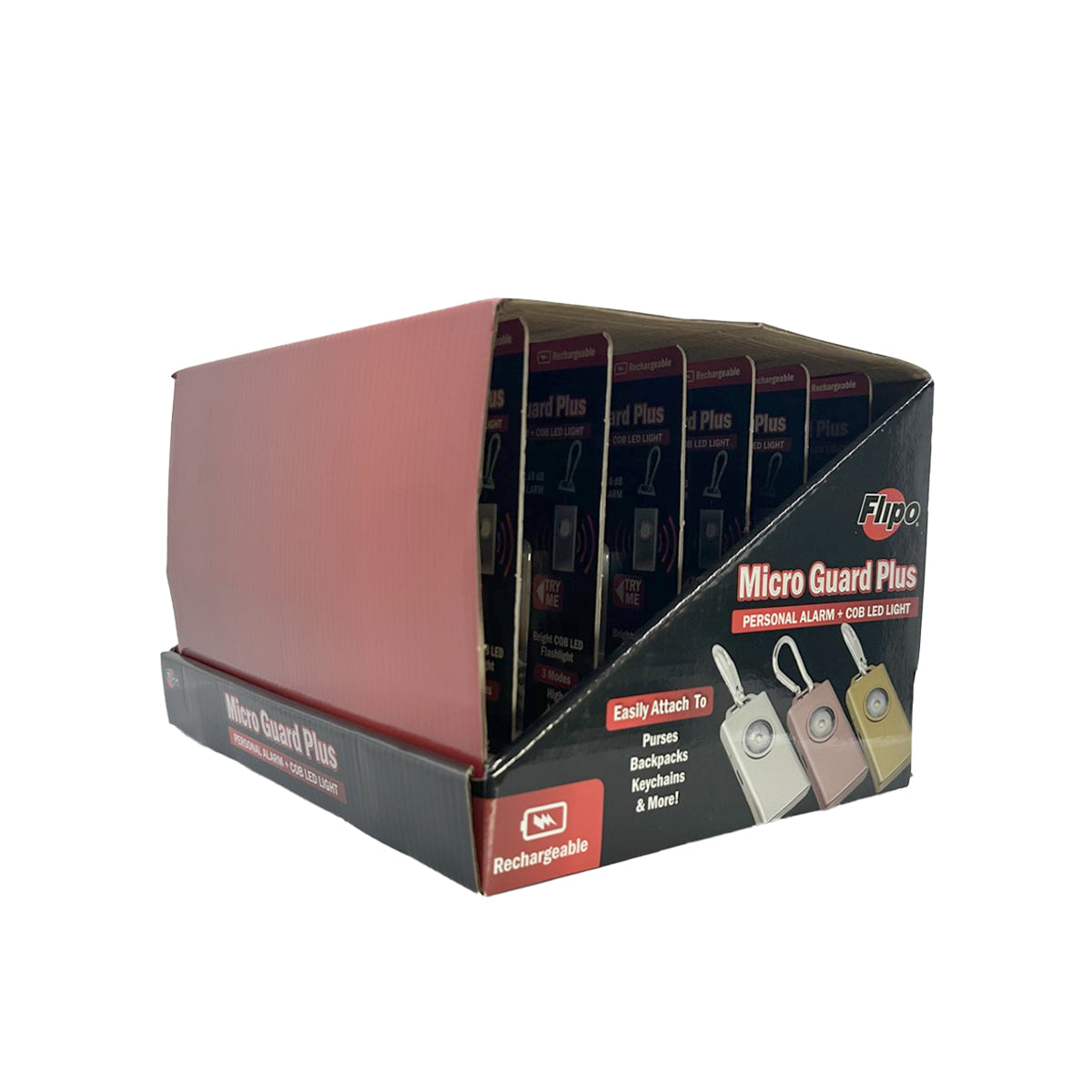 Display box for Micro Guard™ Plus Personal Alarm with COB LED Flashlight – compact personal safety device combining a 130 dB alarm and a COB LED floodlight, featuring a keychain loop and USB‑C rechargeable battery for everyday carry, in white background.