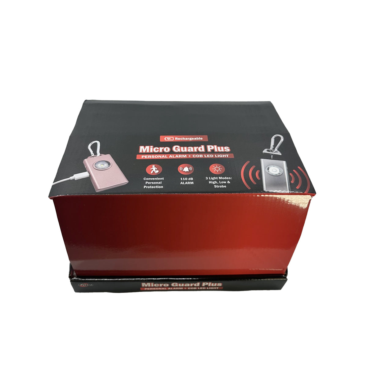 Display box for Micro Guard™ Plus Personal Alarm with COB LED Flashlight – compact personal safety device combining a 130 dB alarm and a COB LED floodlight, featuring a keychain loop and USB‑C rechargeable battery for everyday carry, in white background.