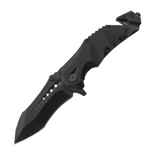 Military Grade 9" Tactical Rescue Knife - heavy-duty folding knife featuring a seatbelt cutter and glass breaker, built for tough emergency and tactical situations, in white background.