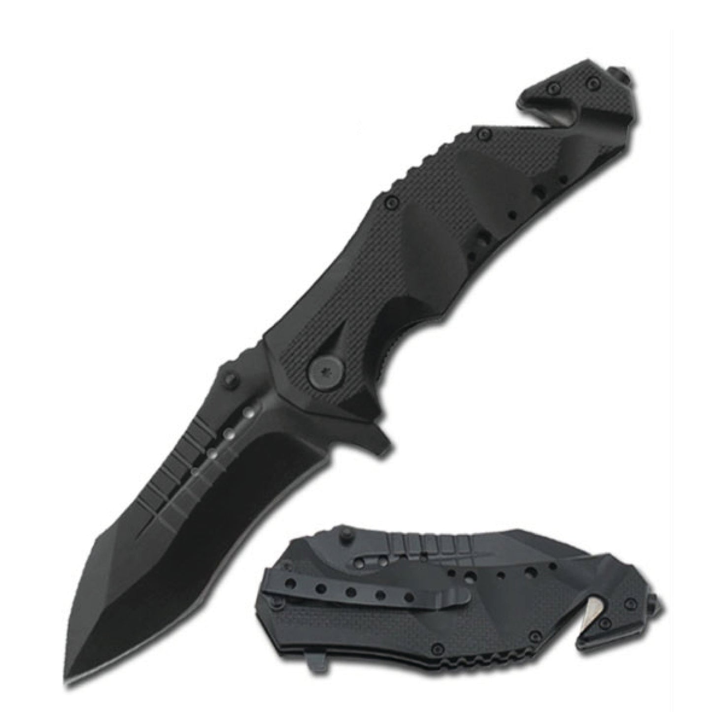 Military Grade 9" Tactical Rescue Knife - heavy-duty folding knife featuring a seatbelt cutter and glass breaker, built for tough emergency and tactical situations, in white background.