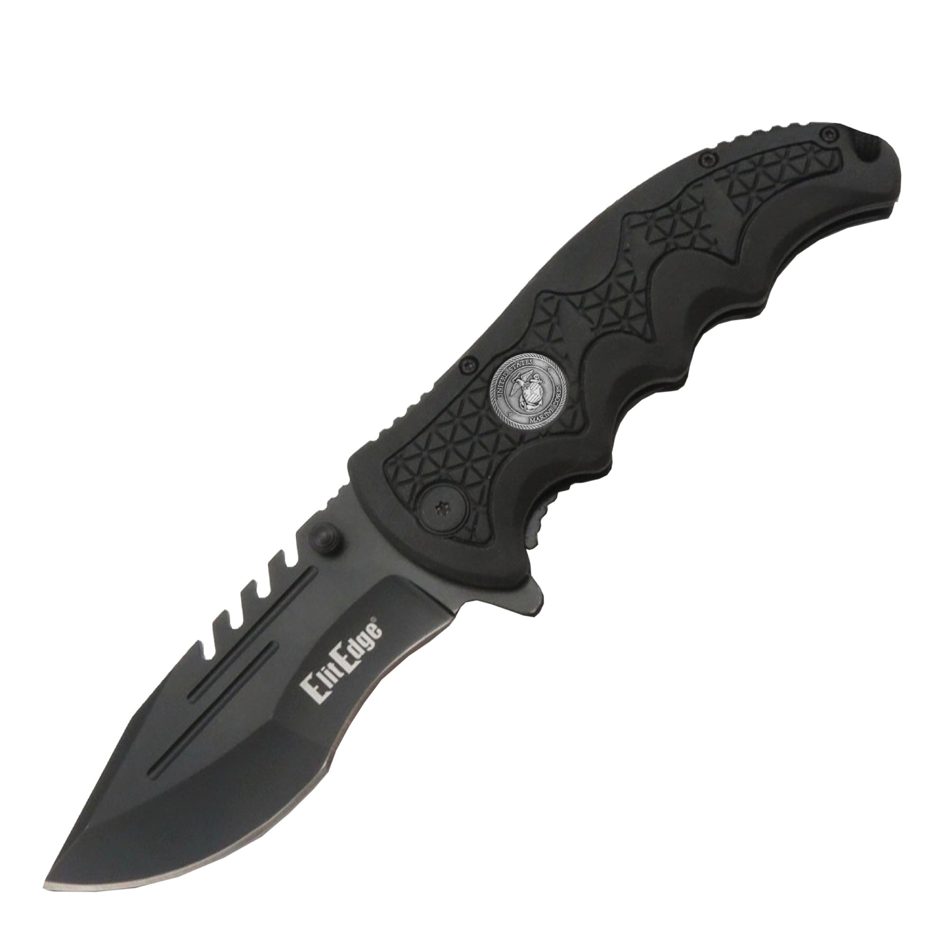 Military Medallion 8.5" Rescue Knife - sturdy folding rescue knife featuring a military medallion design, equipped with a seatbelt cutter and glass breaker for emergencies, in white background.