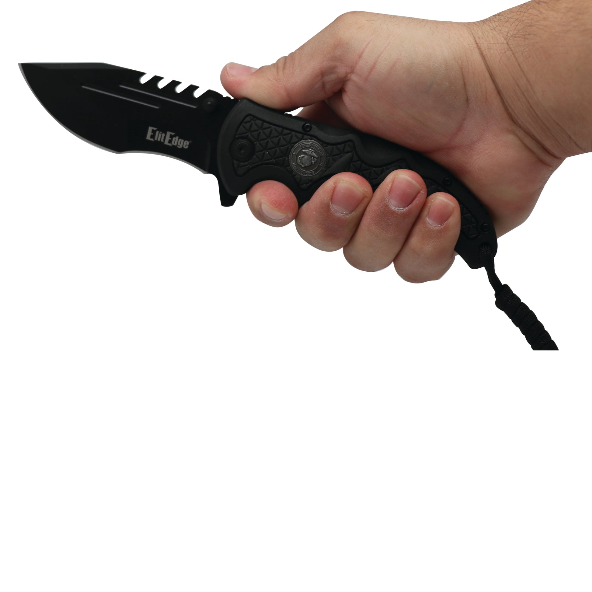 Someone holding Military Medallion 8.5" Rescue Knife - sturdy folding rescue knife featuring a military medallion design, equipped with a seatbelt cutter and glass breaker for emergencies, in white background.