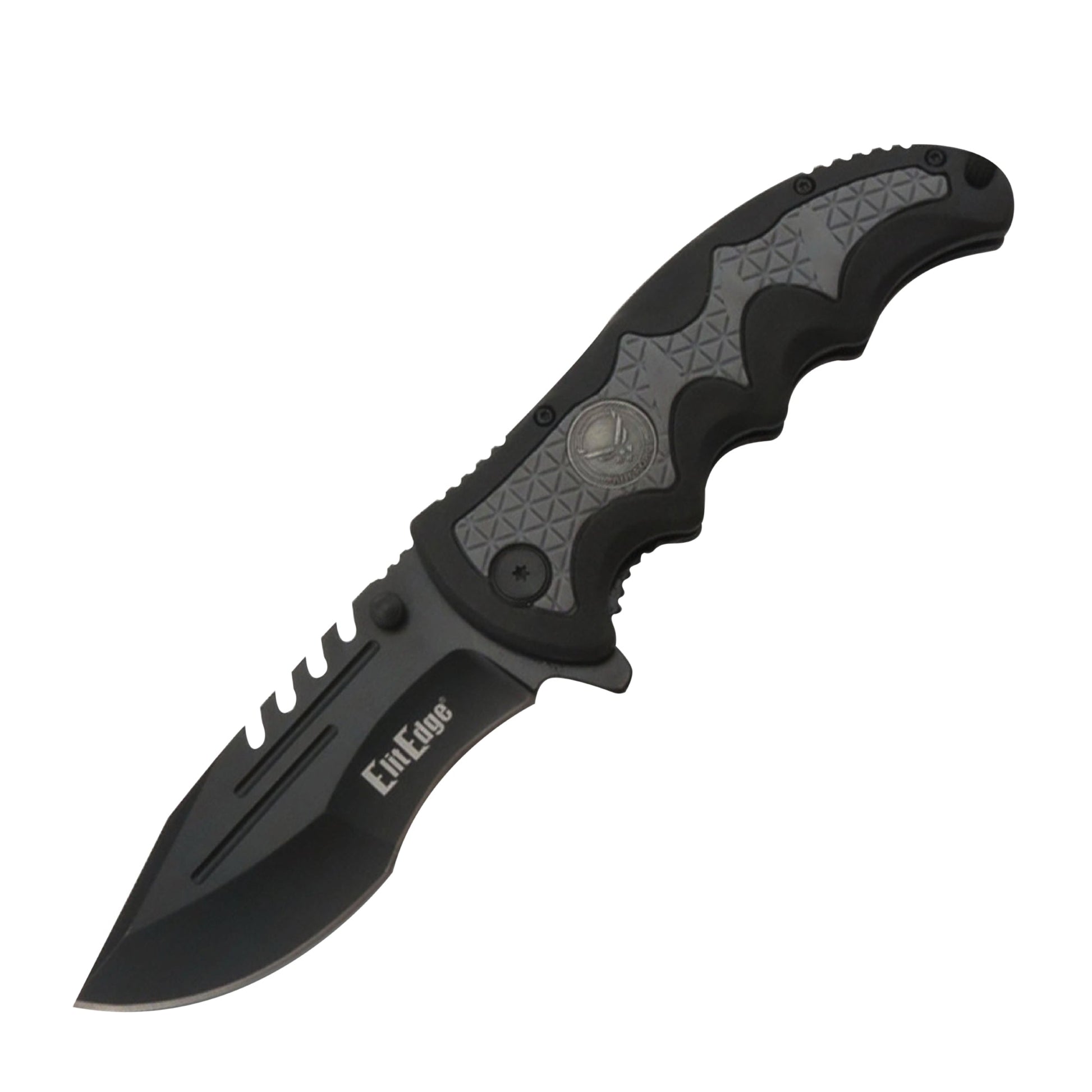 Military Medallion 8.5" Rescue Knife - sturdy folding rescue knife featuring a military medallion design, equipped with a seatbelt cutter and glass breaker for emergencies, in white background.