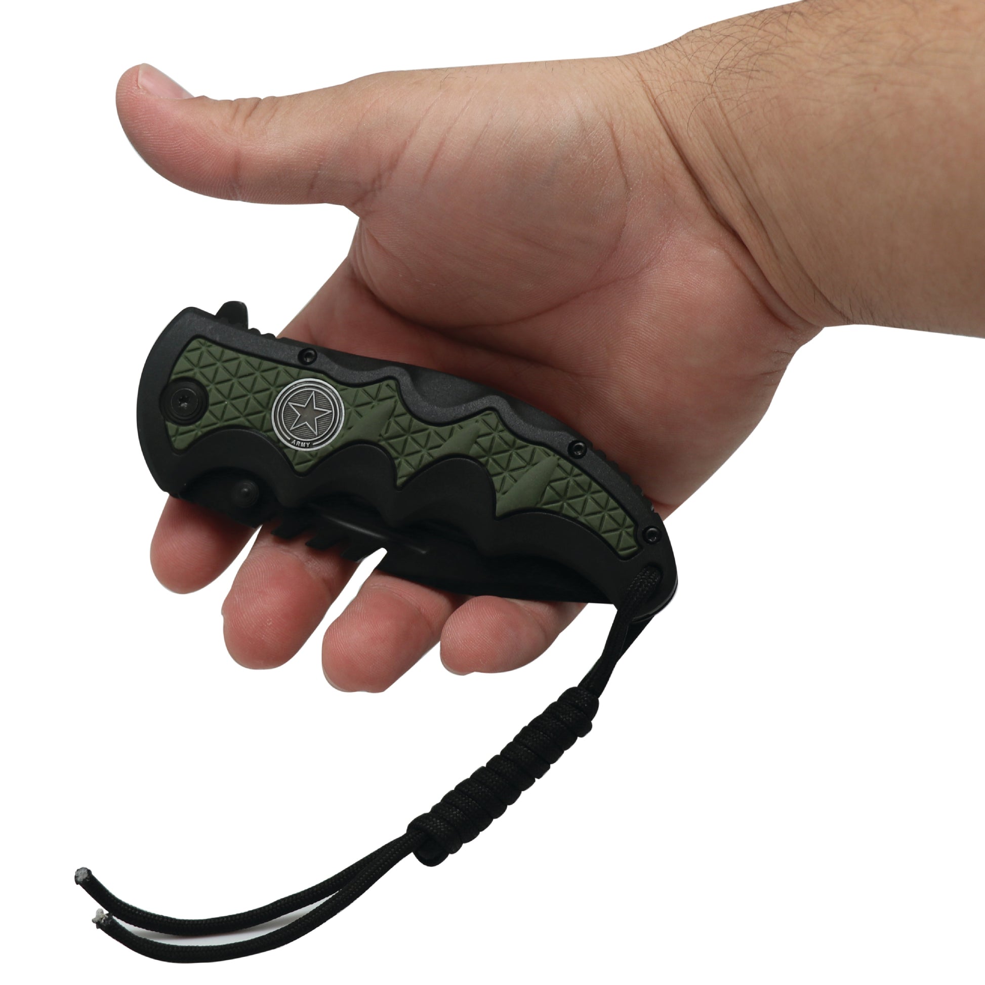 
Someone holding Military Medallion 8.5" Rescue Knife - sturdy folding rescue knife featuring a military medallion design, equipped with a seatbelt cutter and glass breaker for emergencies, in white background.