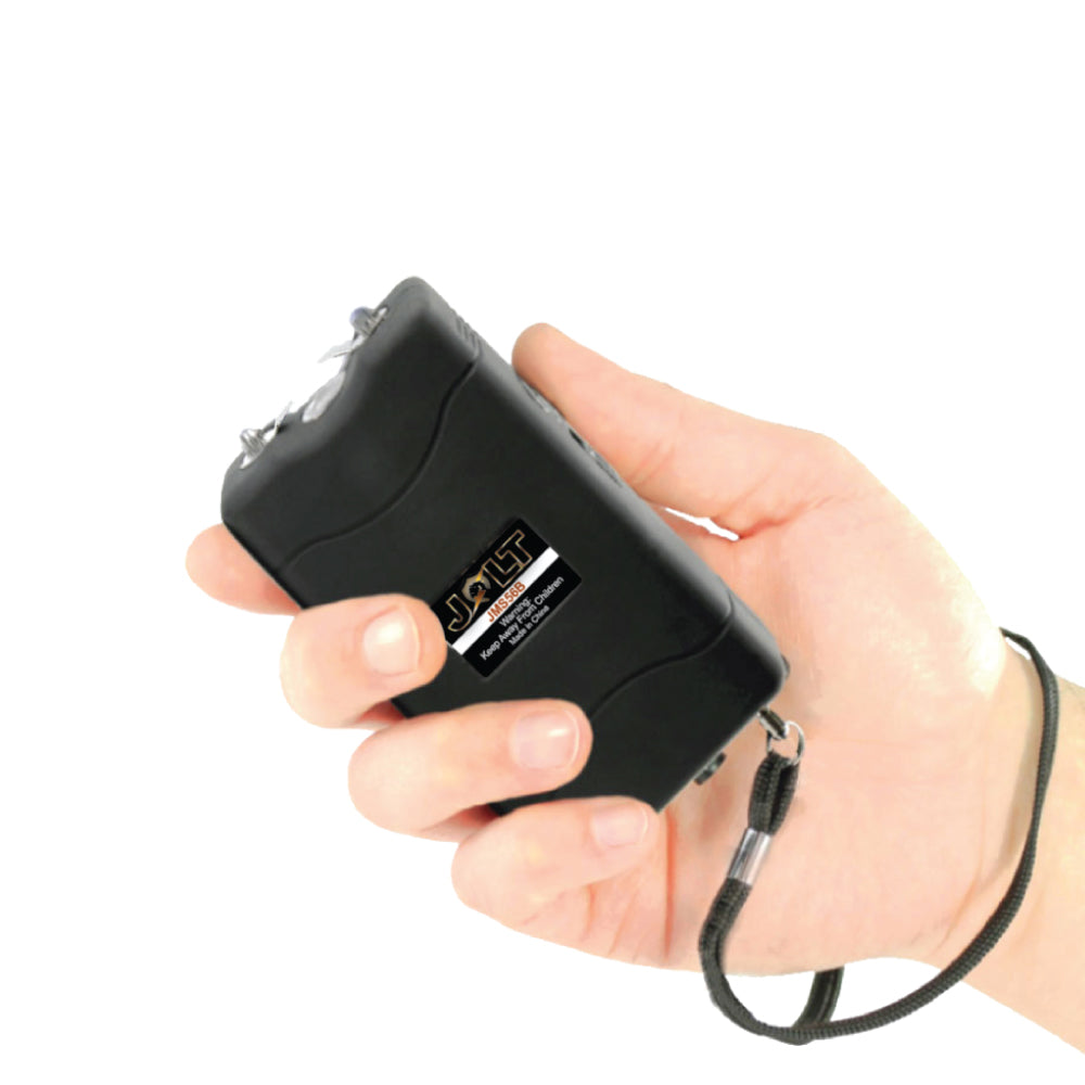 Someone holding Mini 56,000,000 Stun Gun - compact and powerful self-defense device designed for easy carry and quick access during emergencies, in white background.