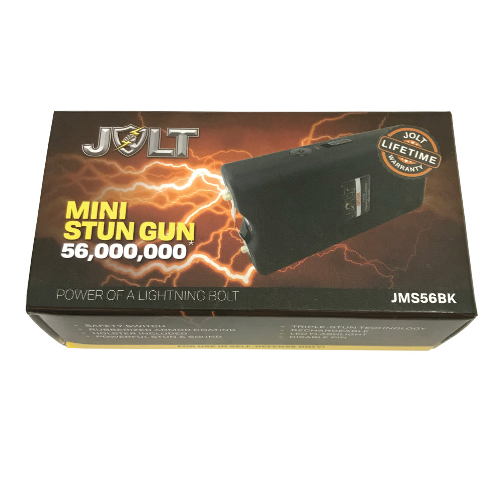 Product box for Mini 56,000,000 Stun Gun - compact and powerful self-defense device designed for easy carry and quick access during emergencies, in white background.