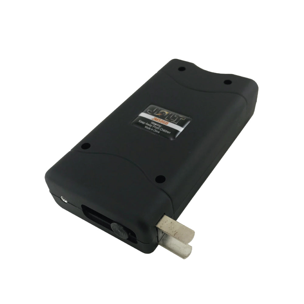 Mini 86,000,000 Stun Gun - ultra-compact and powerful self-defense device designed for easy concealment fand quick access in emergency situations, in white background.