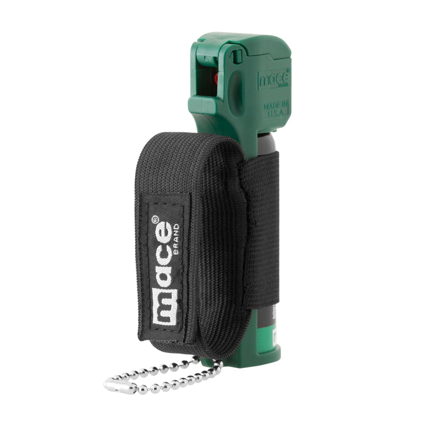 Muzzle Dog Repellent Pepper Spray – compact, canine-safe pepper spray with a stream delivery system reaching up to 10 ft, flip-top safety cap, finger-grip design, keychain attachment, and adjustable strap for hands-free use during walks or jogging, in white background.