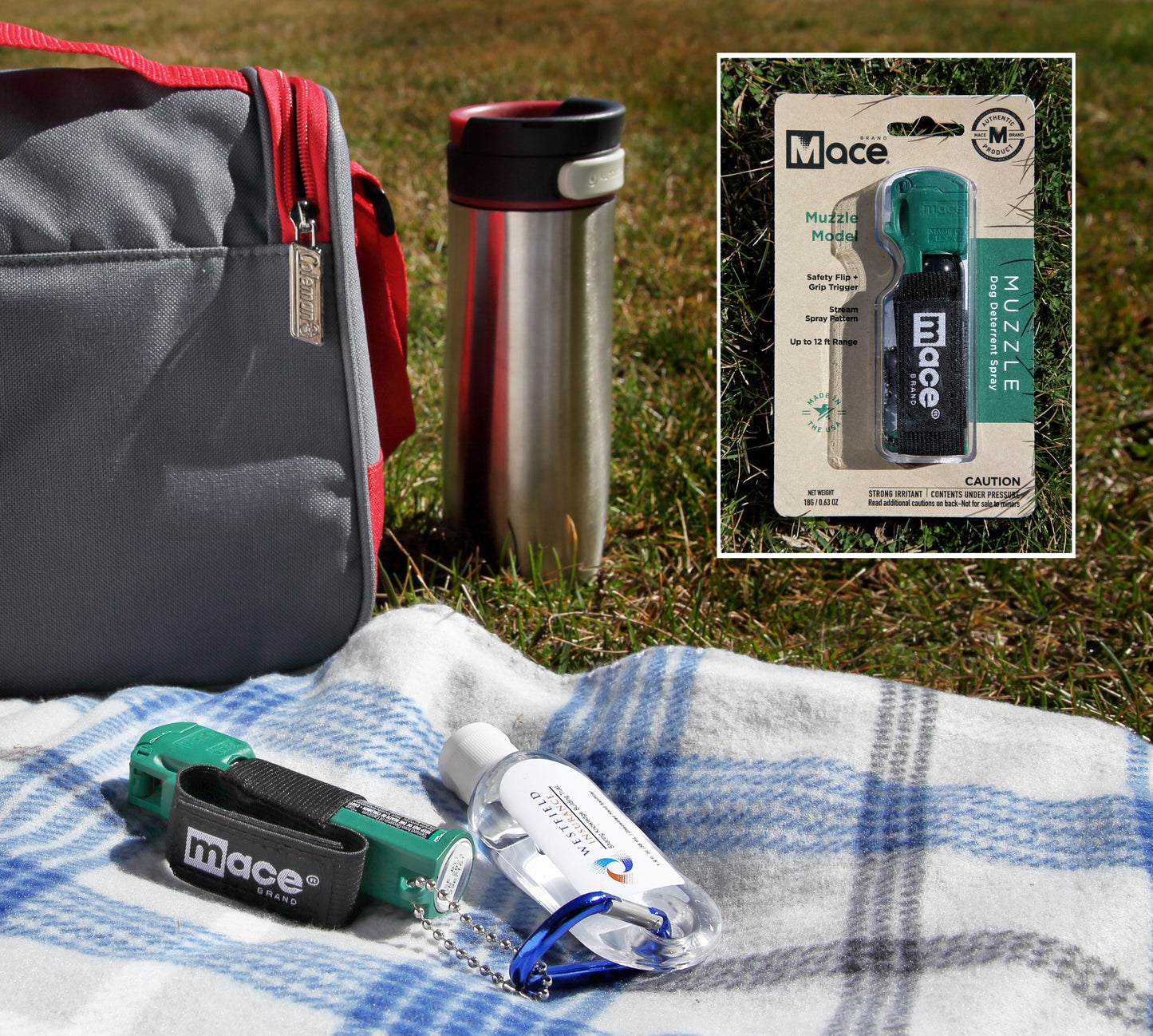 Muzzle Dog Repellent Pepper Spray – compact, canine-safe pepper spray with a stream delivery system reaching up to 10 ft, flip-top safety cap, finger-grip design, keychain attachment, and adjustable strap for hands-free use during walks or jogging, in outdoor setting.