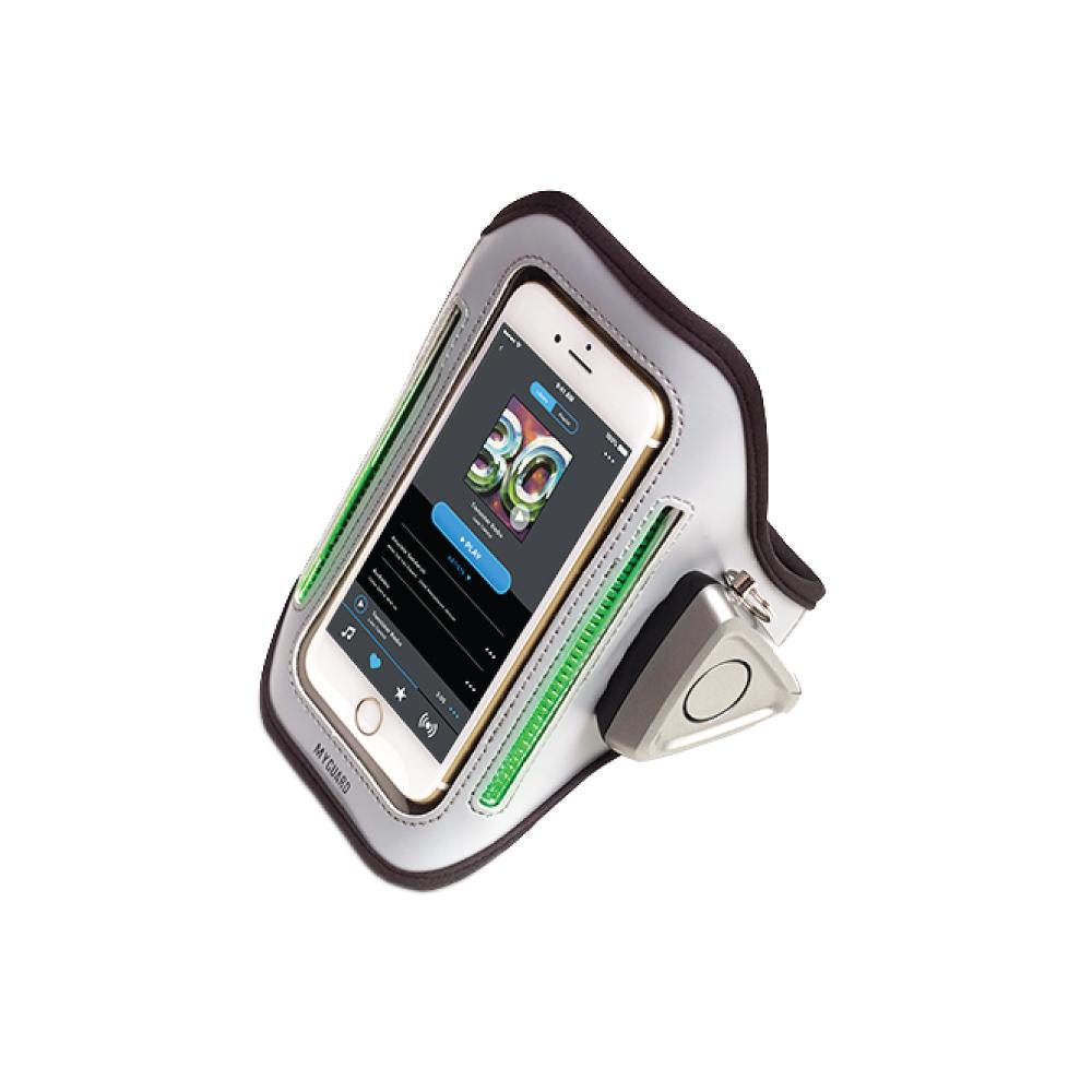 MYGUARD SPORT LED Armband & Safety Alarm w/Phone Holder - multifunctional wearable combining visibility, personal alarm, and phone storage for runners and outdoor activities, in white background.