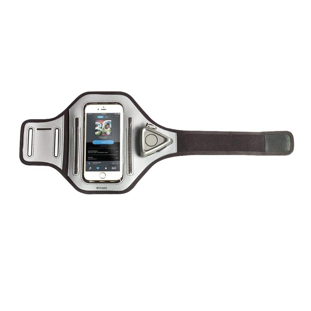 MYGUARD SPORT LED Armband & Safety Alarm w/Phone Holder - multifunctional wearable combining visibility, personal alarm, and phone storage for runners and outdoor activities, in white background.