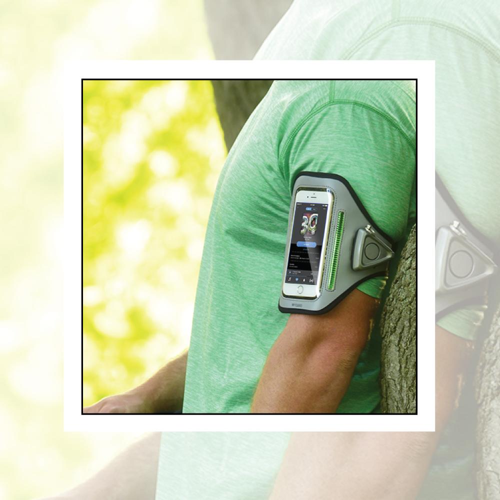 Someone wearing MYGUARD SPORT LED Armband & Safety Alarm w/Phone Holder - multifunctional wearable combining visibility, personal alarm, and phone storage for runners and outdoor activities.