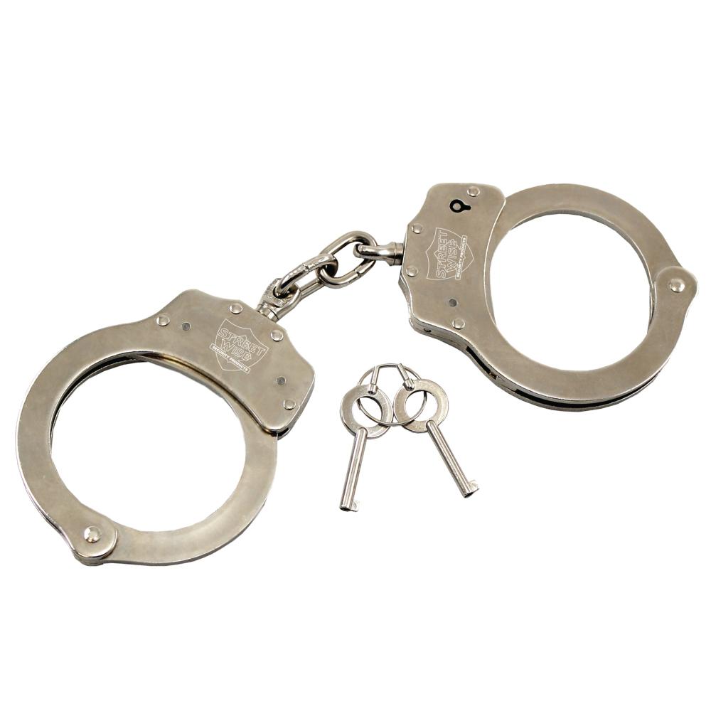 Nickel Plated Steel Handcuffs - durable, professional-grade restraints with a secure locking mechanism for law enforcement or personal security use, in white background.