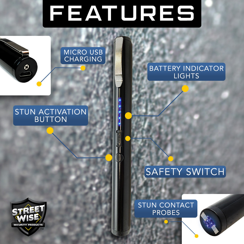 Features of Pain Pen 25,000,000 Stun Gun - a discreet and compact self-defense device designed to look like a pen, ideal for personal protection.