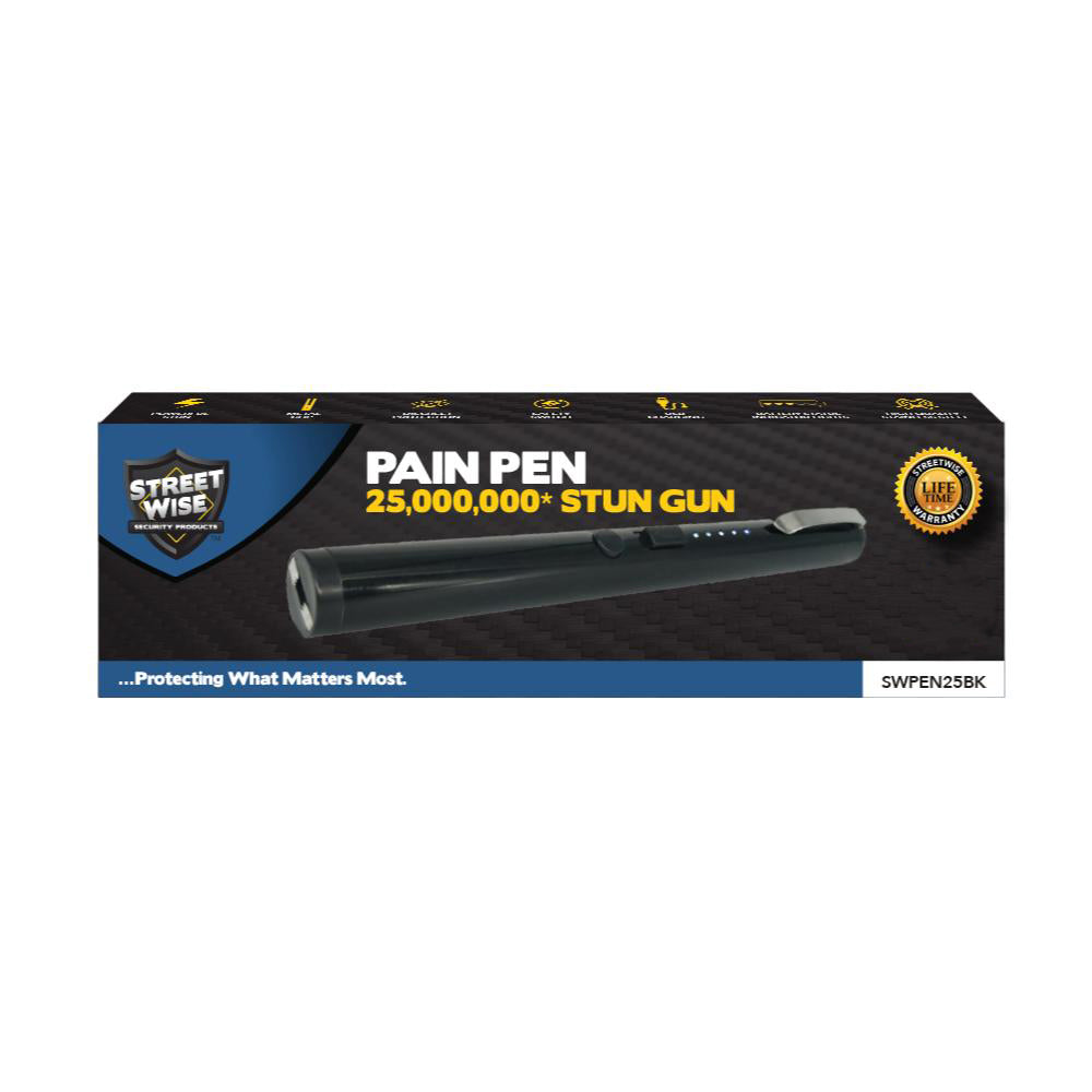 Pain Pen 25,000,000 Stun Gun product box in white background.