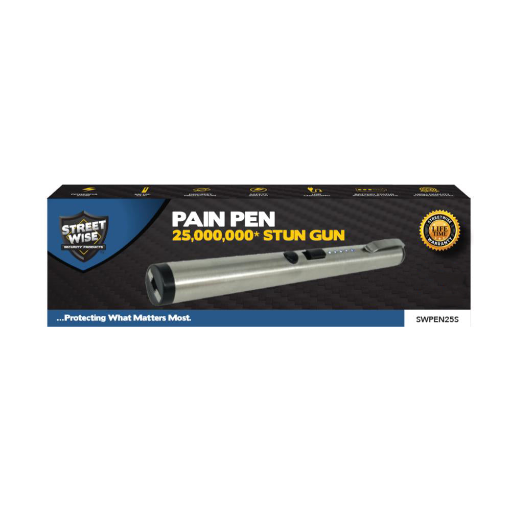 Pain Pen 25,000,000 Stun Gun product box in white background.