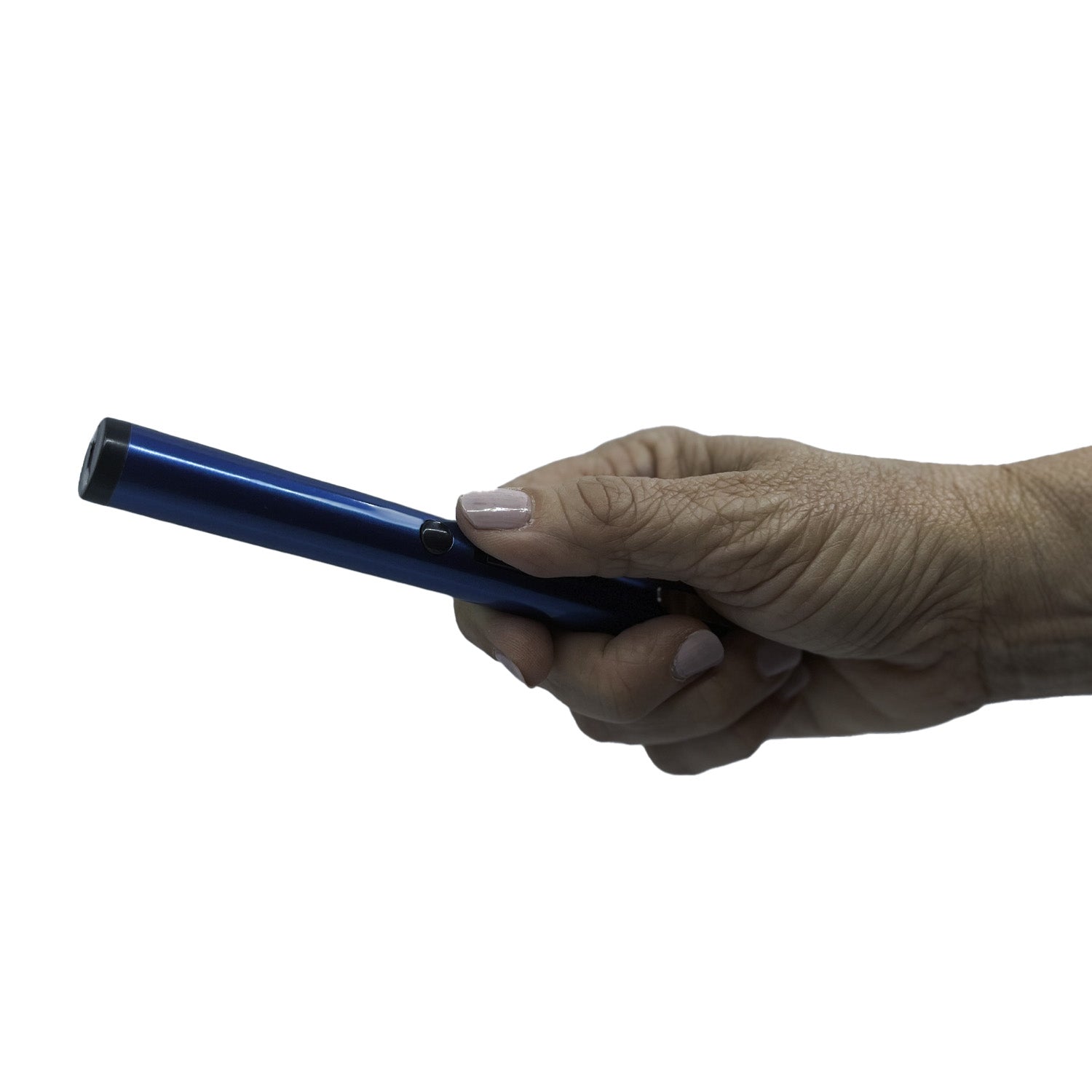 Someone holding a Pain Pen 25,000,000 Stun Gun - a discreet and compact self-defense device designed to look like a pen, ideal for personal protection, in white background.