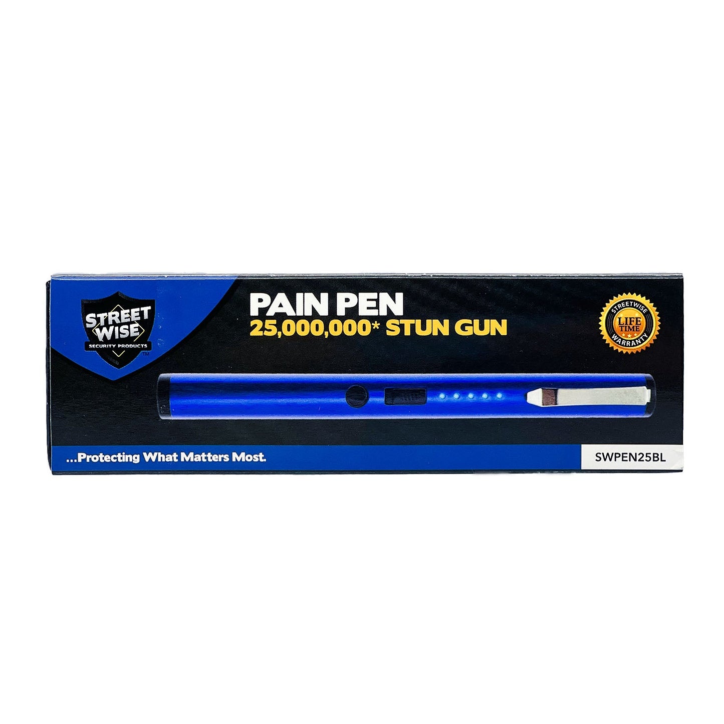 Pain Pen 25,000,000 Stun Gun product box in white background.