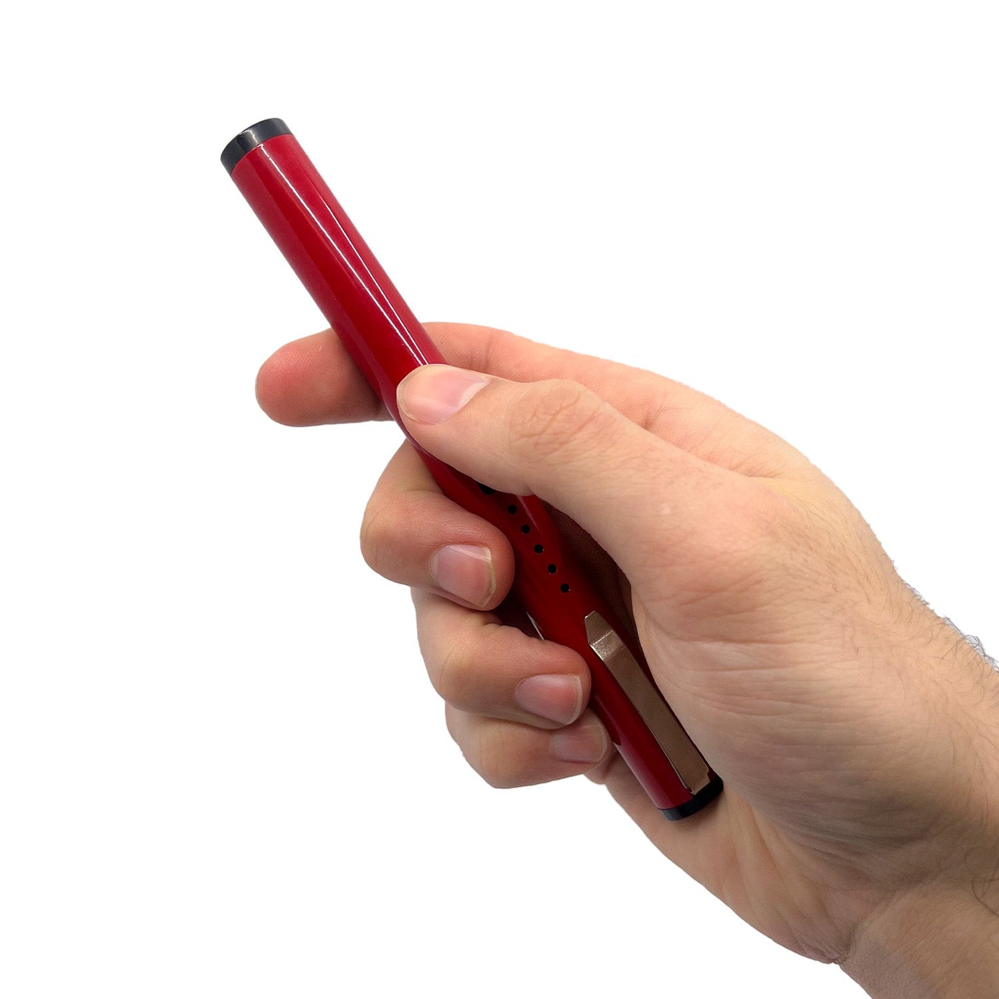 Someone holding a Pain Pen 25,000,000 Stun Gun - a discreet and compact self-defense device designed to look like a pen, ideal for personal protection, in white background.