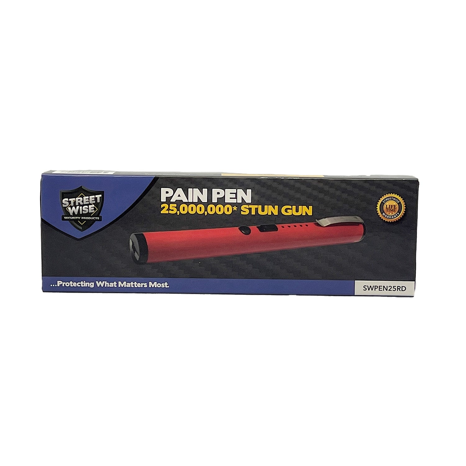 Pain Pen 25,000,000 Stun Gun product box in white background.