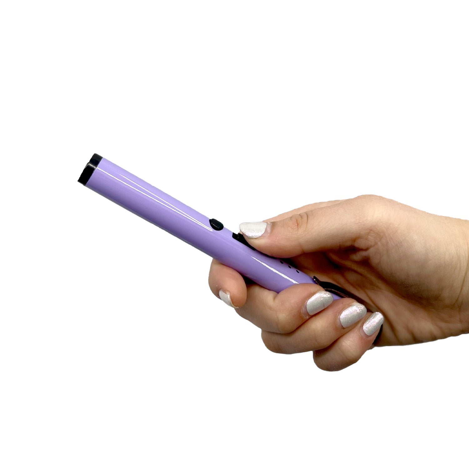 Someone holding a Pain Pen 25,000,000 Stun Gun - a discreet and compact self-defense device designed to look like a pen, ideal for personal protection, in white background.