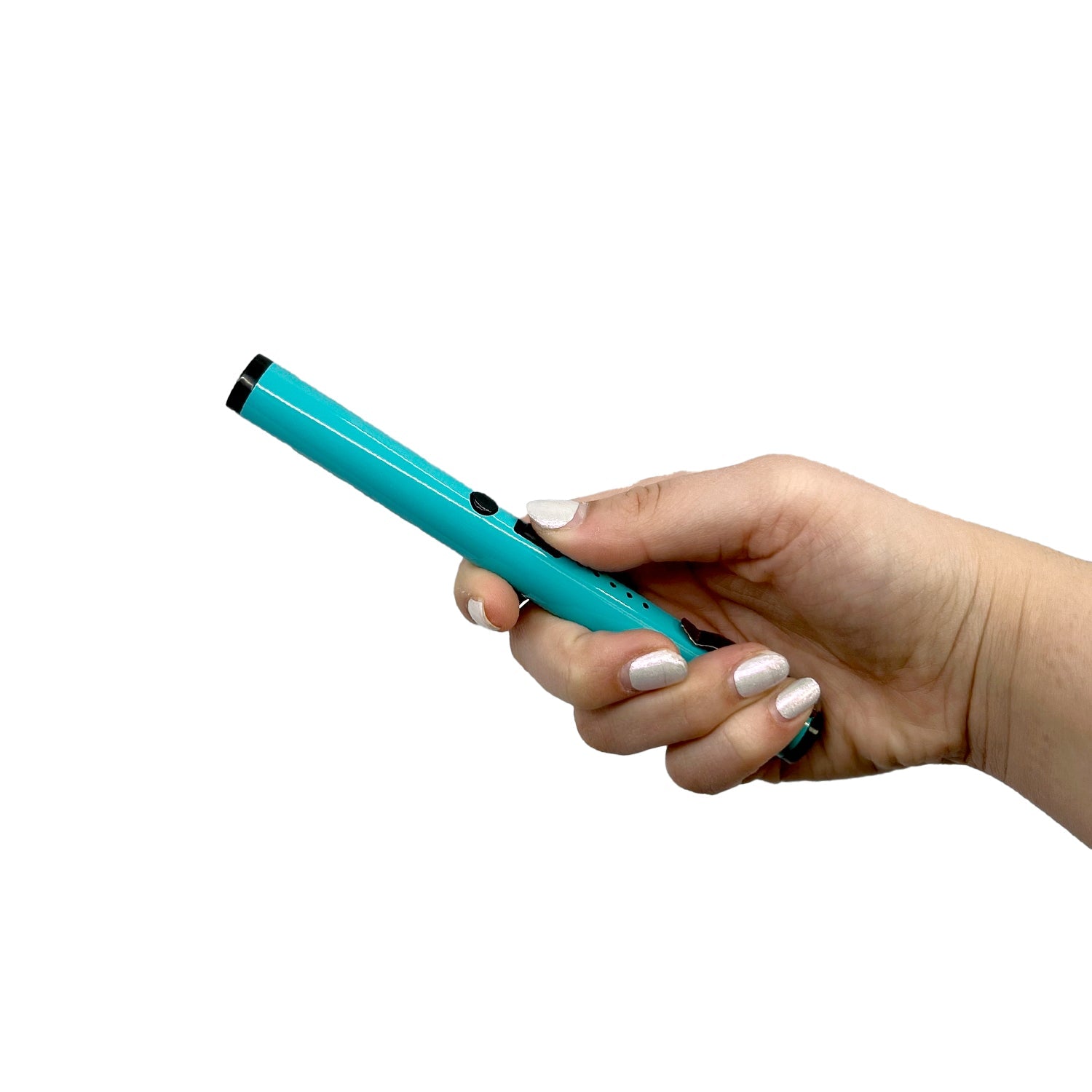 Someone holding a Pain Pen 25,000,000 Stun Gun - a discreet and compact self-defense device designed to look like a pen, ideal for personal protection, in white background.