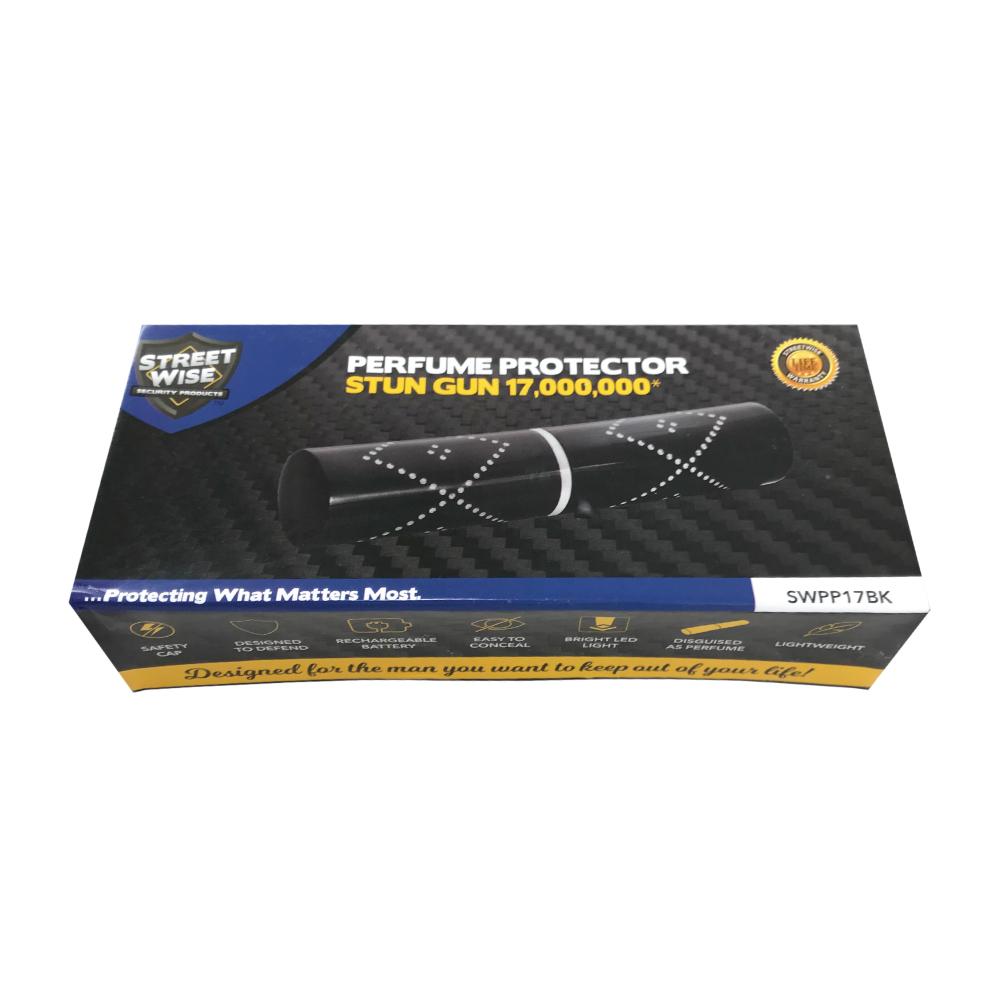 Perfume Protector 17,000,000 Stun Gun product box, in white background.