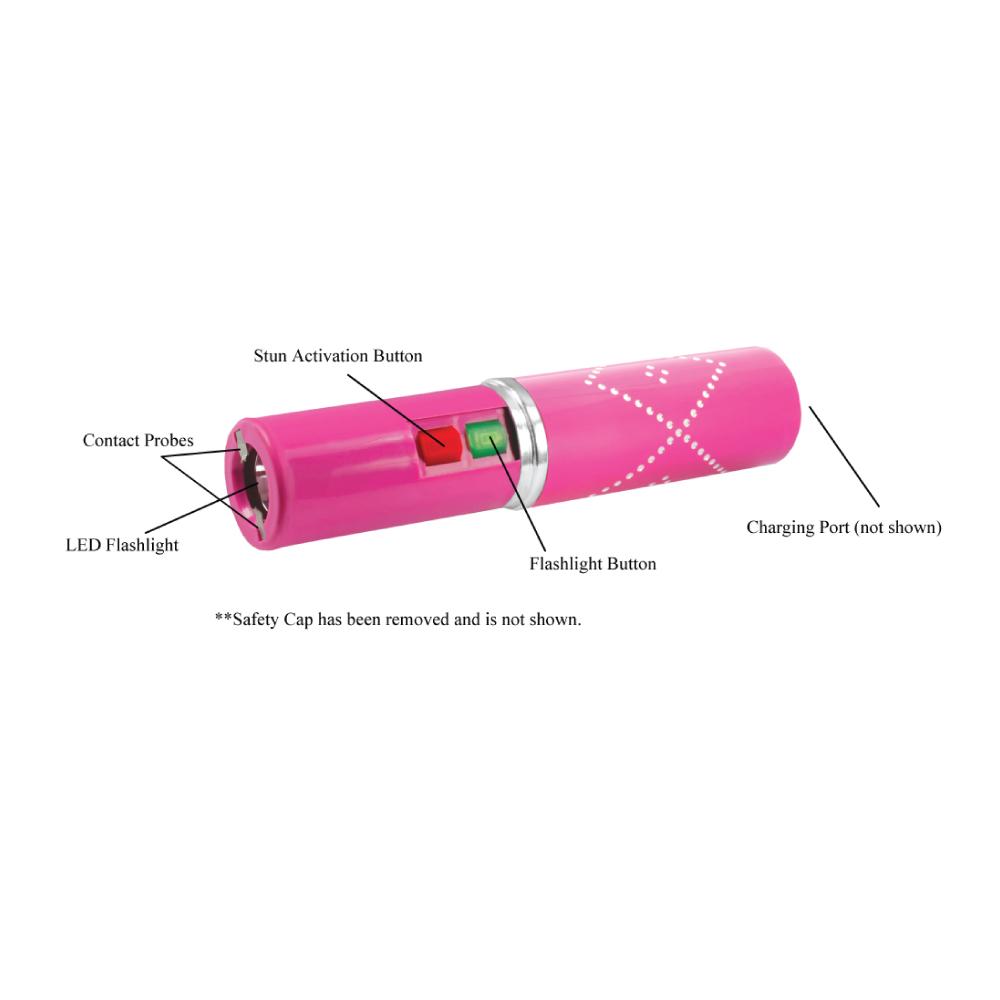 Perfume Protector 17,000,000 Stun Gun - discreet self-defense tool in a perfume-style design with built-in safety switch, in white background.