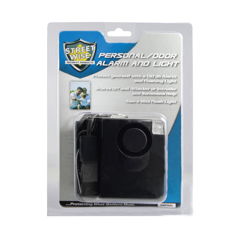 Compact personal door alarm with built-in LED light, ideal for home or travel security, in white background.