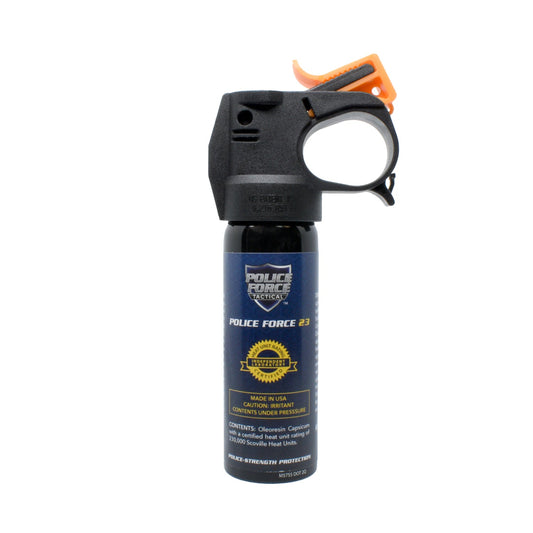 Police Force 23 Fogger Pepper Spray Fire Master – high-capacity pepper spray canister with a fogger delivery system and Fire Master actuator for rapid, wide-area defense, in white background.