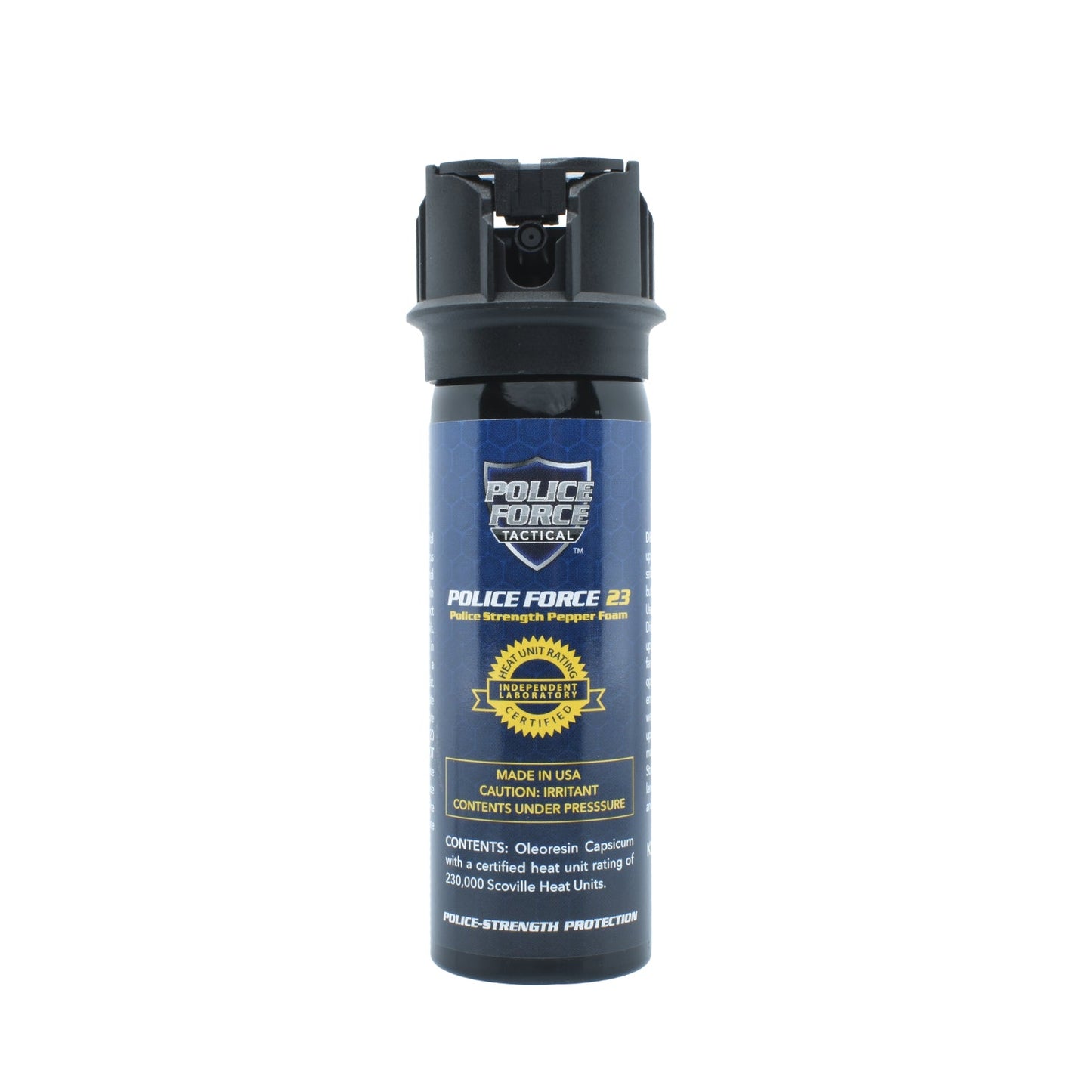 Police Force 23 Pepper Foam 3 oz – high-strength self-defense spray featuring a flip-top safety lock and foam delivery system to minimize blowback and enhance accuracy in close-quarters situations, in white background.